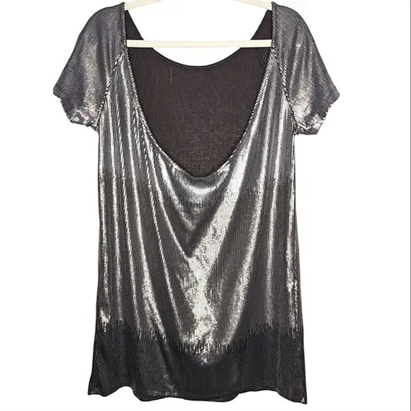 Free People Drenched in Sequins Shimmery Ombre Scoop Back Mini Dress Gunmetal XS - Picture 4 of 8